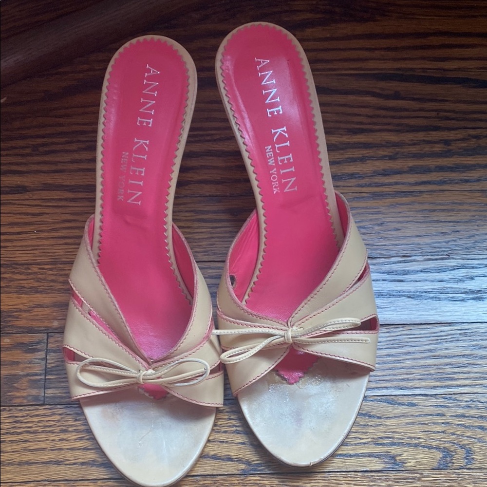 Anne Klein Beige and Pink Bow Mules